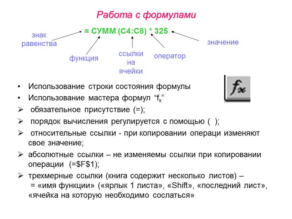 Работа с формулами Использование строки состояния формулы Использование мастера формул “fx” обязательное присутствие (=);